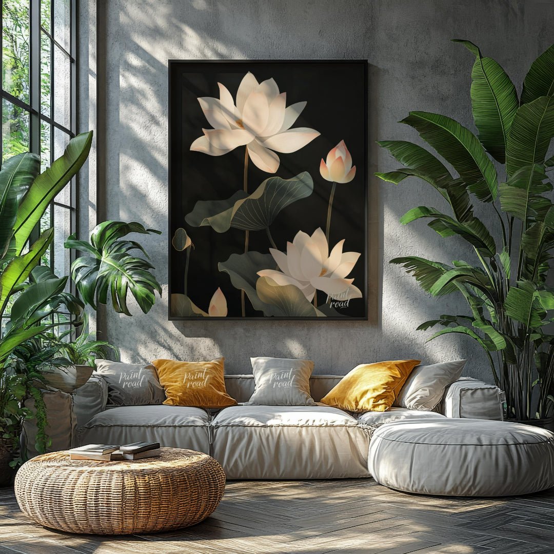 This striking digital illustration features white lotus flowers with delicate petals and subtle pin… for living room