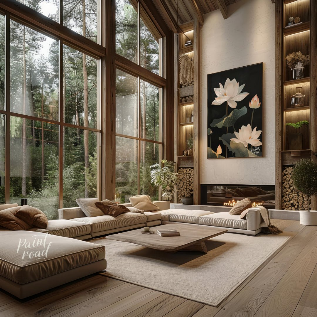 This striking digital illustration features white lotus flowers with delicate petals and subtle pin… for living room