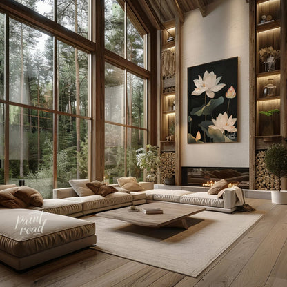 This striking digital illustration features white lotus flowers with delicate petals and subtle pin… for living room