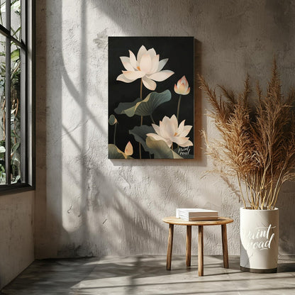 This striking digital illustration features white lotus flowers with delicate petals and subtle pin… for living room