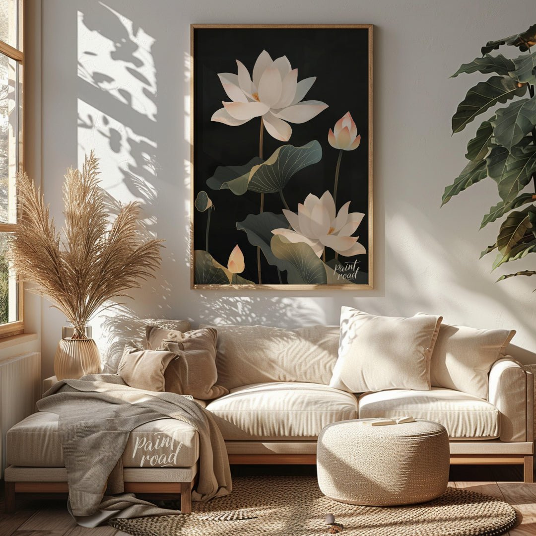 This striking digital illustration features white lotus flowers with delicate petals and subtle pin… for living room