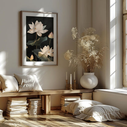 This striking digital illustration features white lotus flowers with delicate petals and subtle pin… for living room