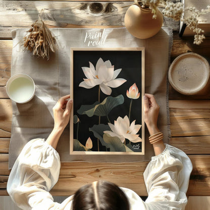 This striking digital illustration features white lotus flowers with delicate petals and subtle pin… for other