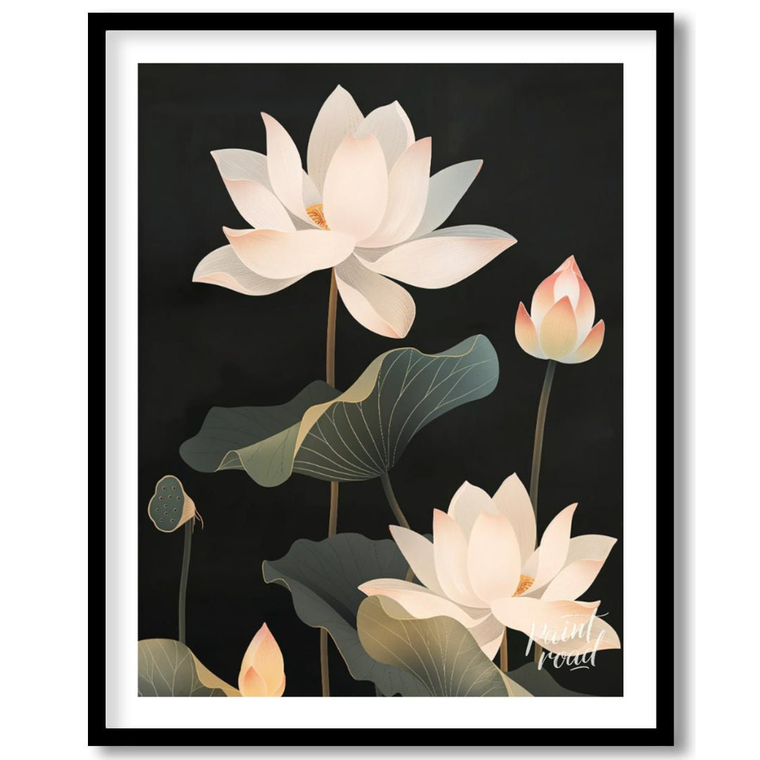 This striking digital illustration features white lotus flowers with delicate petals and subtle pin… for sweet home