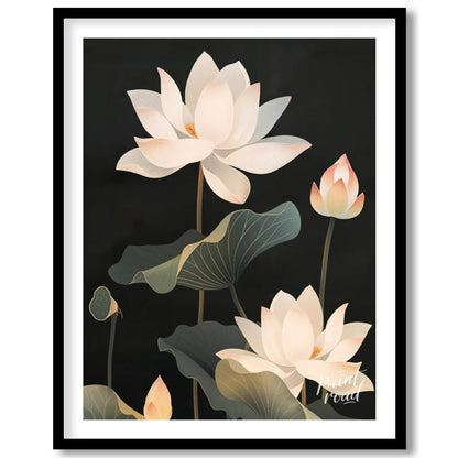 This striking digital illustration features white lotus flowers with delicate petals and subtle pin… for sweet home