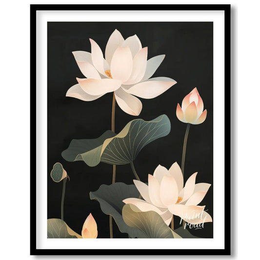 This striking digital illustration features white lotus flowers with delicate petals and subtle pin… for sweet home