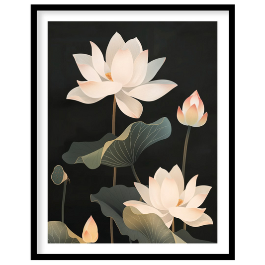 This striking digital illustration features white lotus flowers with delicate petals and subtle pin… for sweet home