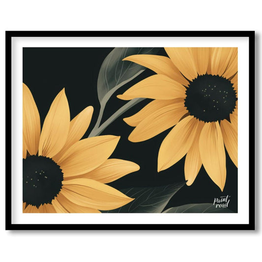 Midnight Sunflowers Painting available online at Paintroad showing black background bold flowers and botanical print