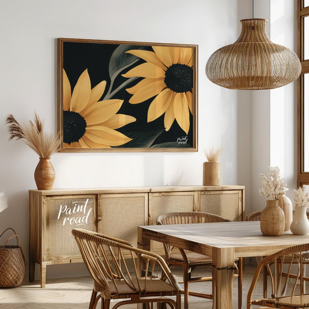 Midnight Sunflowers Painting available online at Paintroad showing black background bold flowers and botanical print