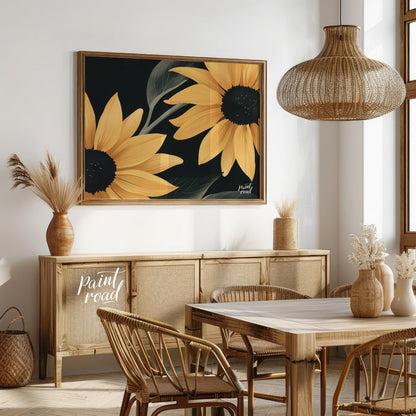 Midnight Sunflowers Painting available online at Paintroad showing black background bold flowers and botanical print