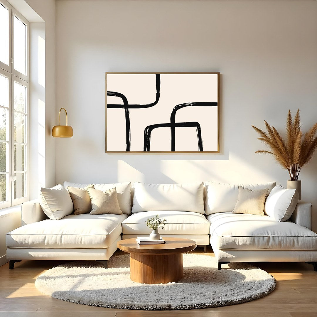 Elevate your space with this minimalist piece featuring bold black lines that create a captivating for Living Room