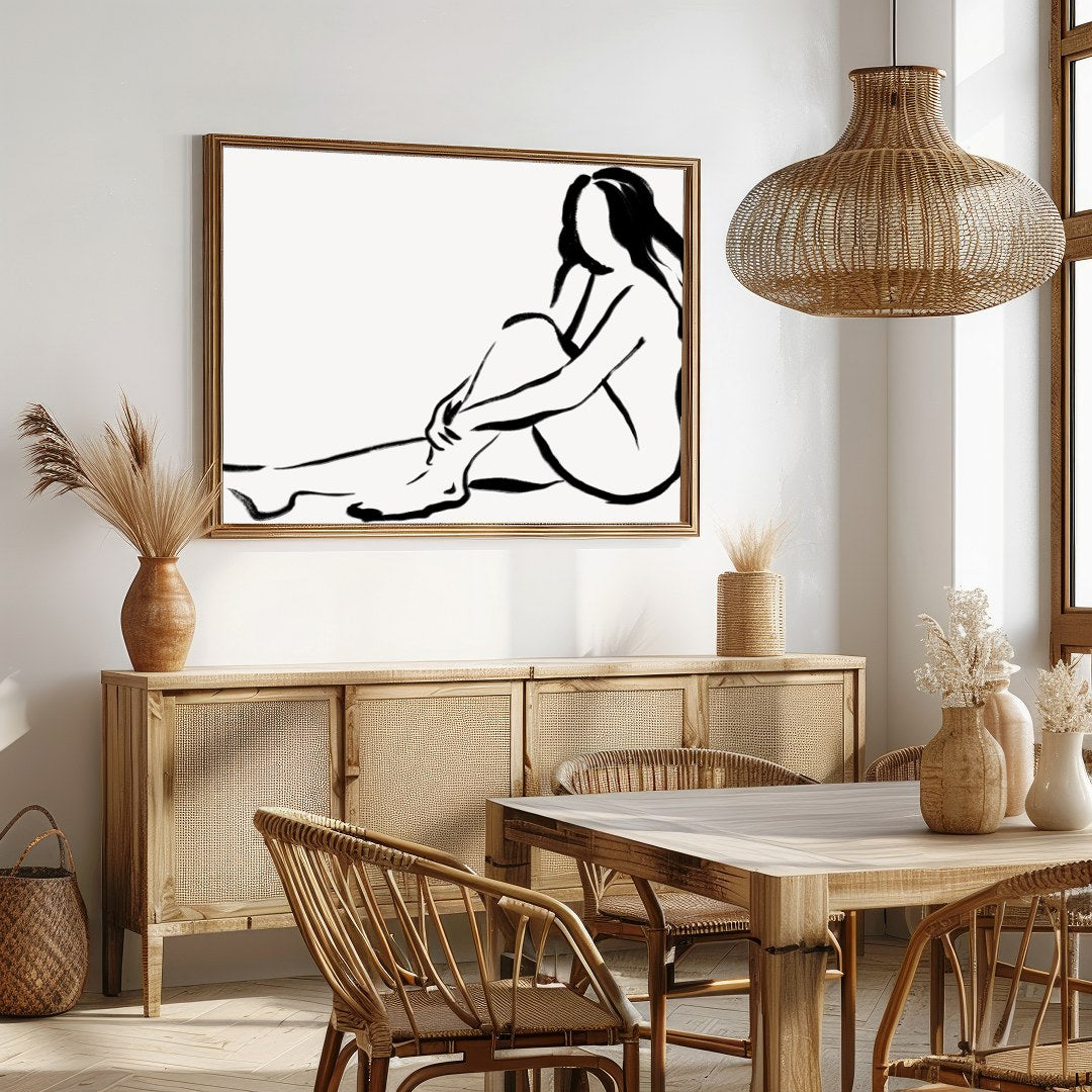 Immerse yourself in the elegance of minimalism with this refined black line sketch. Depicting a for Dining