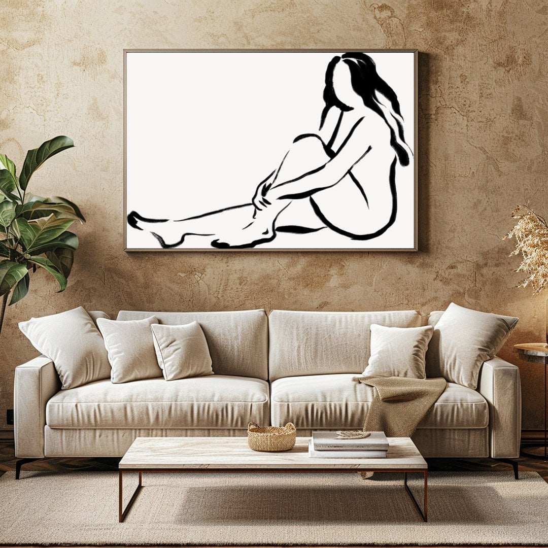 Immerse yourself in the elegance of minimalism with this refined black line sketch. Depicting a for Family Room
