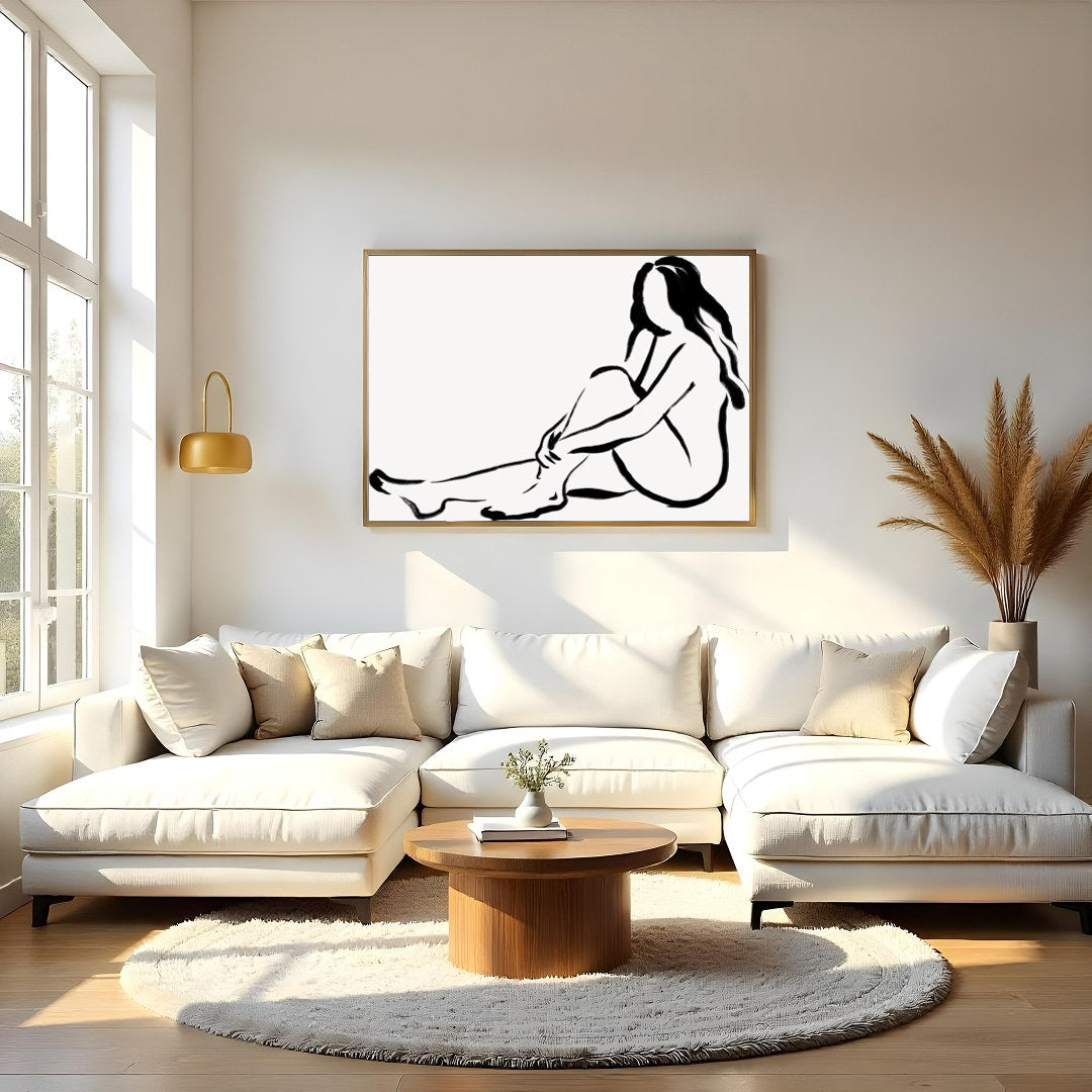 Immerse yourself in the elegance of minimalism with this refined black line sketch. Depicting a for Living Room
