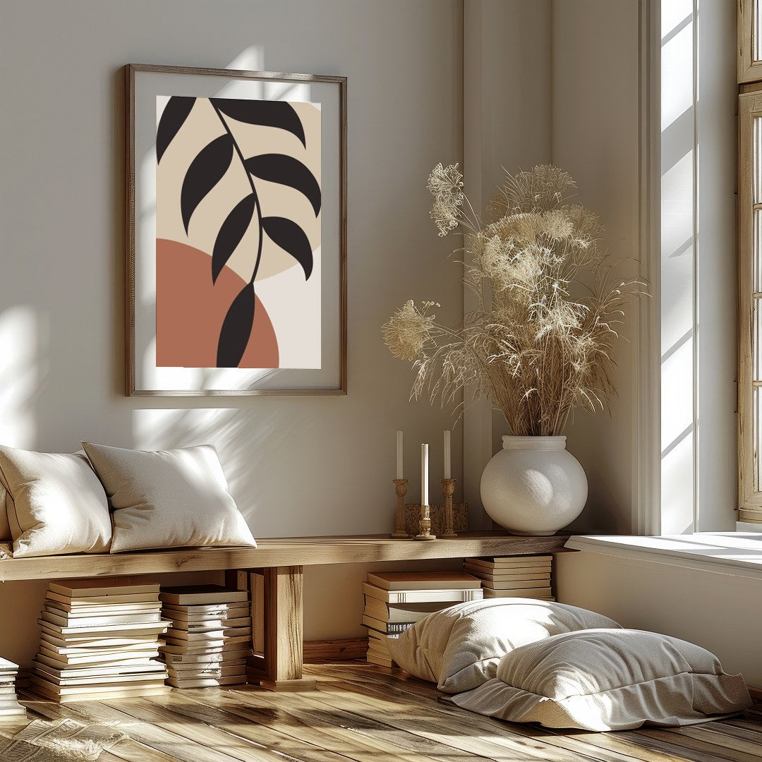 Discover tranquility with this minimalist botanical abstract wall art. Featuring earth-toned shapes for decor