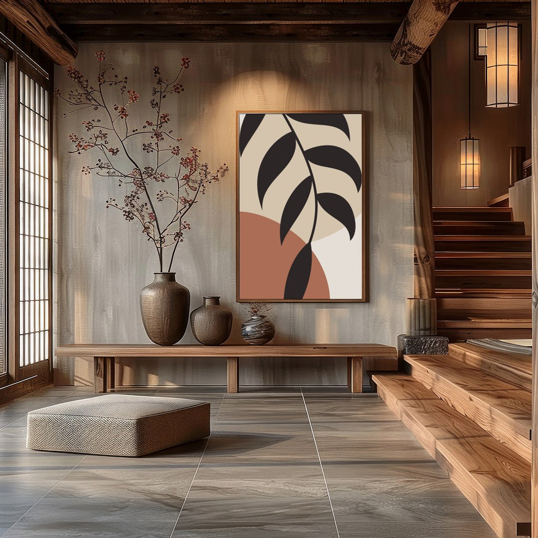 Discover tranquility with this minimalist botanical abstract wall art. Featuring earth-toned shapes for Hall