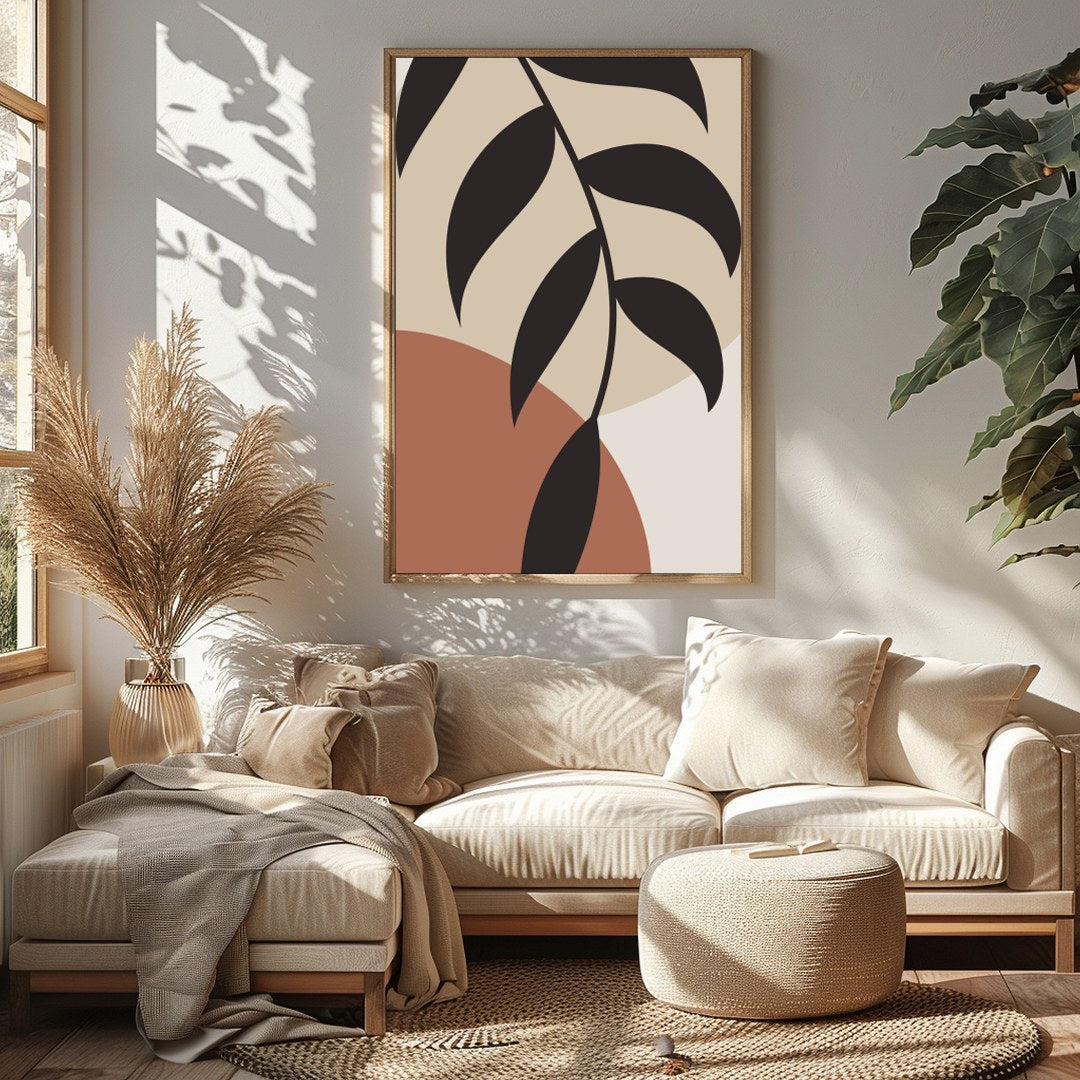 Discover tranquility with this minimalist botanical abstract wall art. Featuring earth-toned shapes for Sitting Area