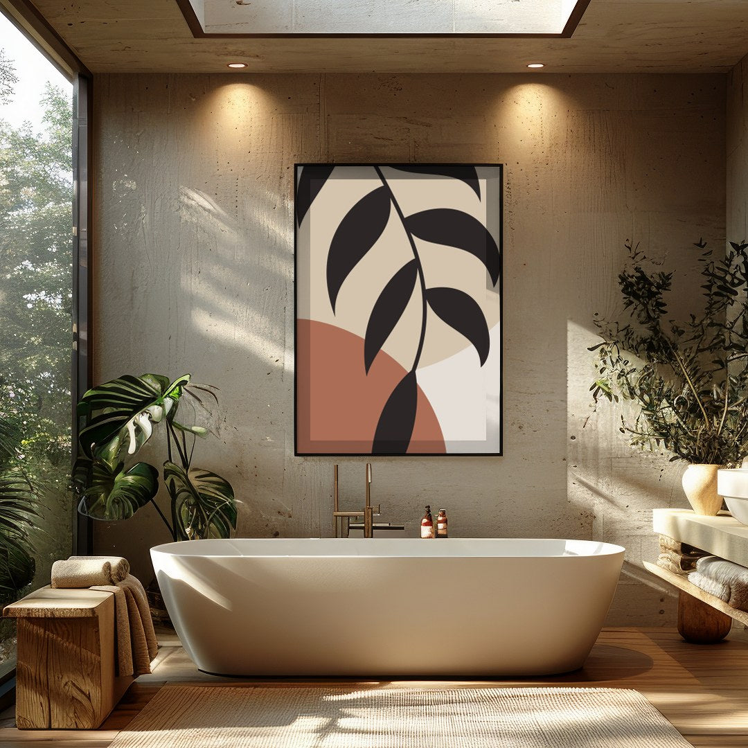 Elevate your space with this striking minimalist botanical artwork. The elegant black leaves for Bathroom