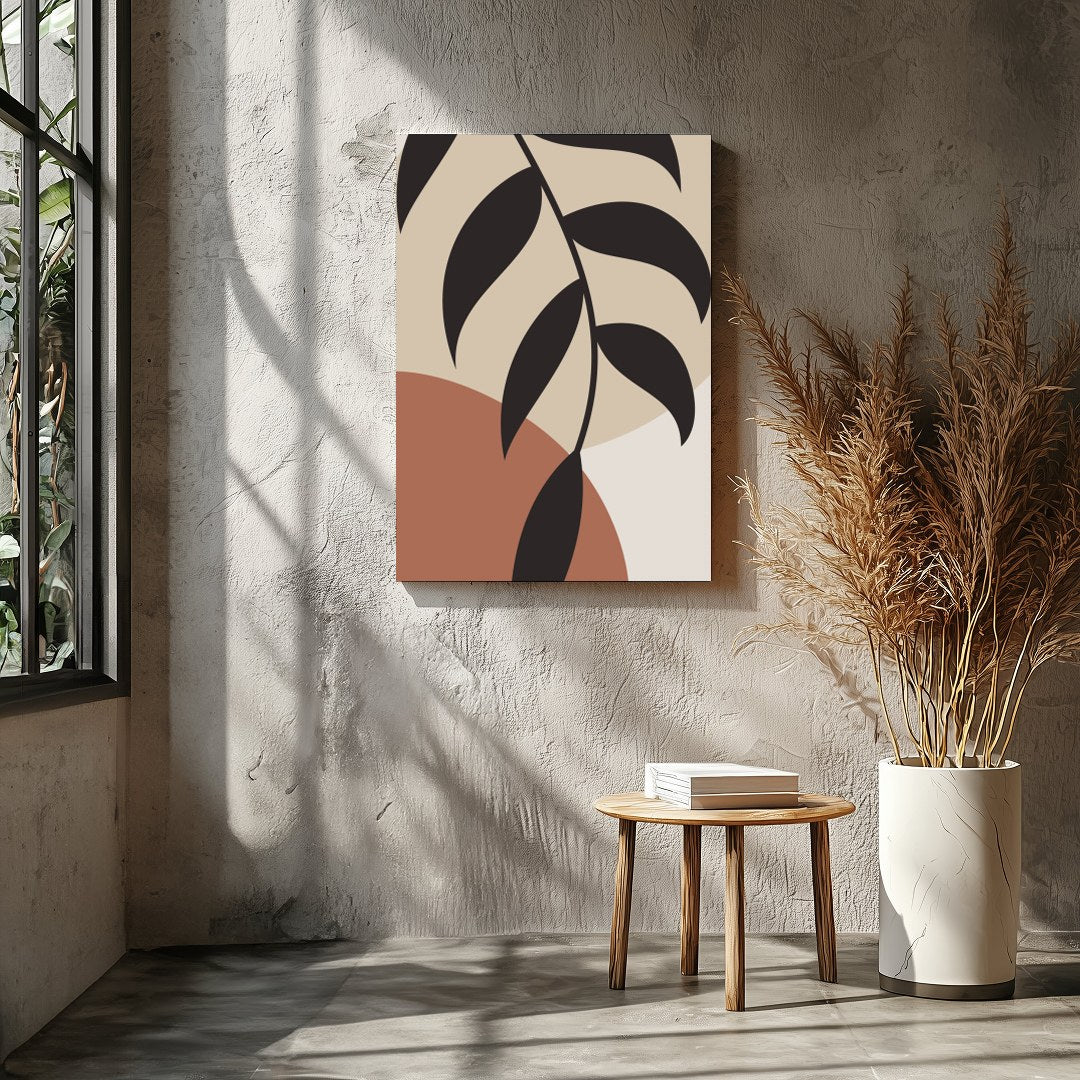 Elevate your space with this striking minimalist botanical artwork. The elegant black leaves for Entrance