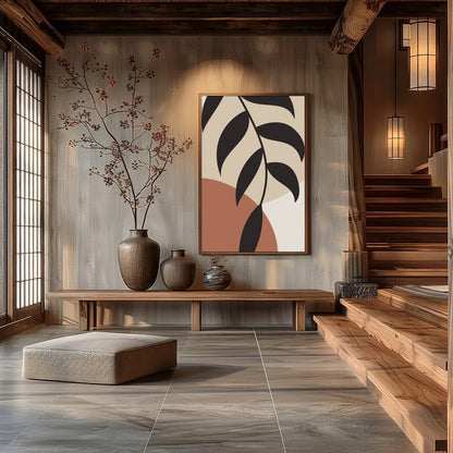 Elevate your space with this striking minimalist botanical artwork. The elegant black leaves for Hall