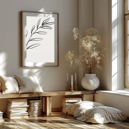 This elegant piece features a minimalist depiction of a botanical element in delicate lines. Its for area