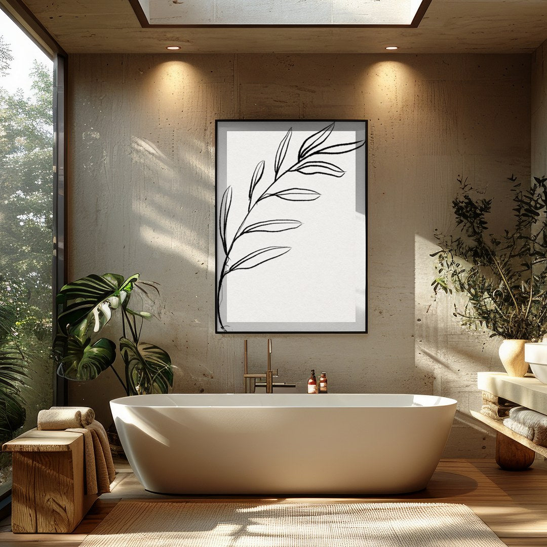 This elegant piece features a minimalist depiction of a botanical element in delicate lines. Its for Bathroom