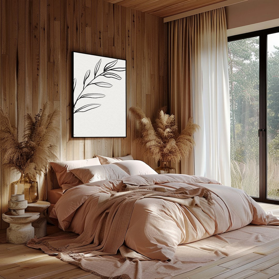 This elegant piece features a minimalist depiction of a botanical element in delicate lines. Its for Bedroom