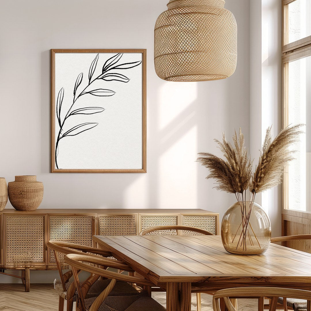 This elegant piece features a minimalist depiction of a botanical element in delicate lines. Its for Extra Kitchen