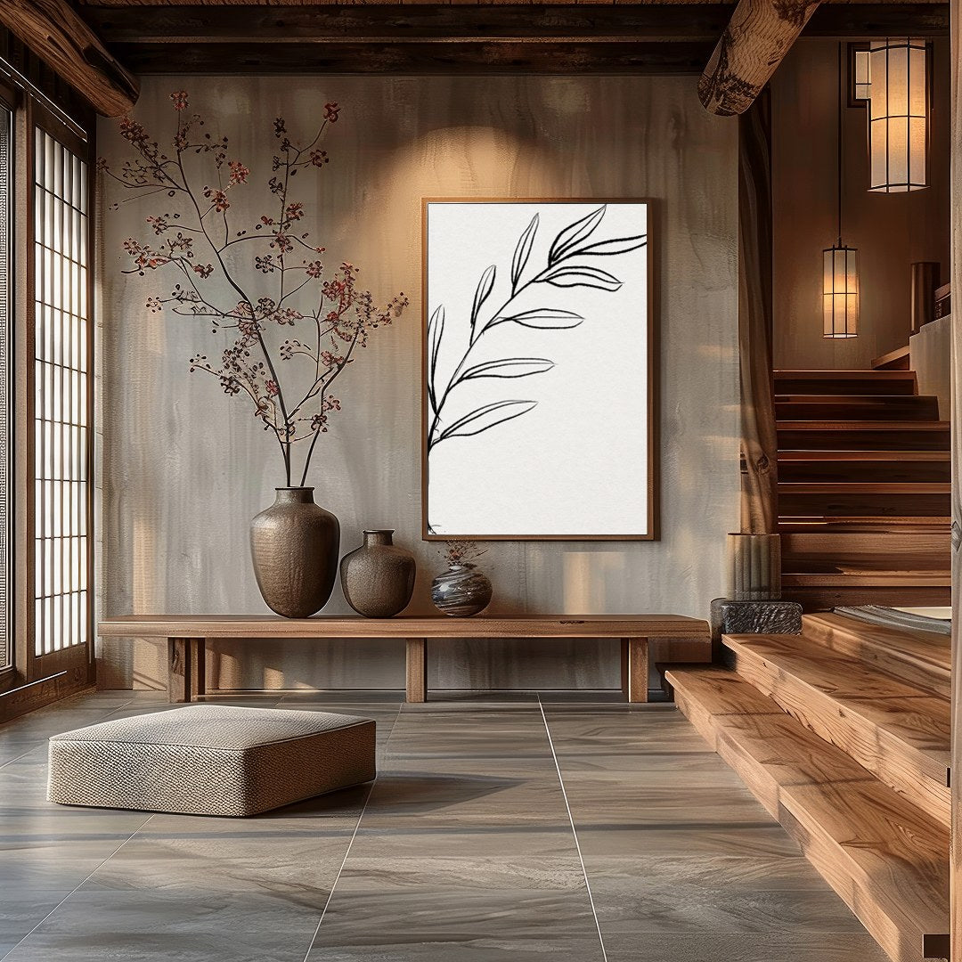 This elegant piece features a minimalist depiction of a botanical element in delicate lines. Its for Hall