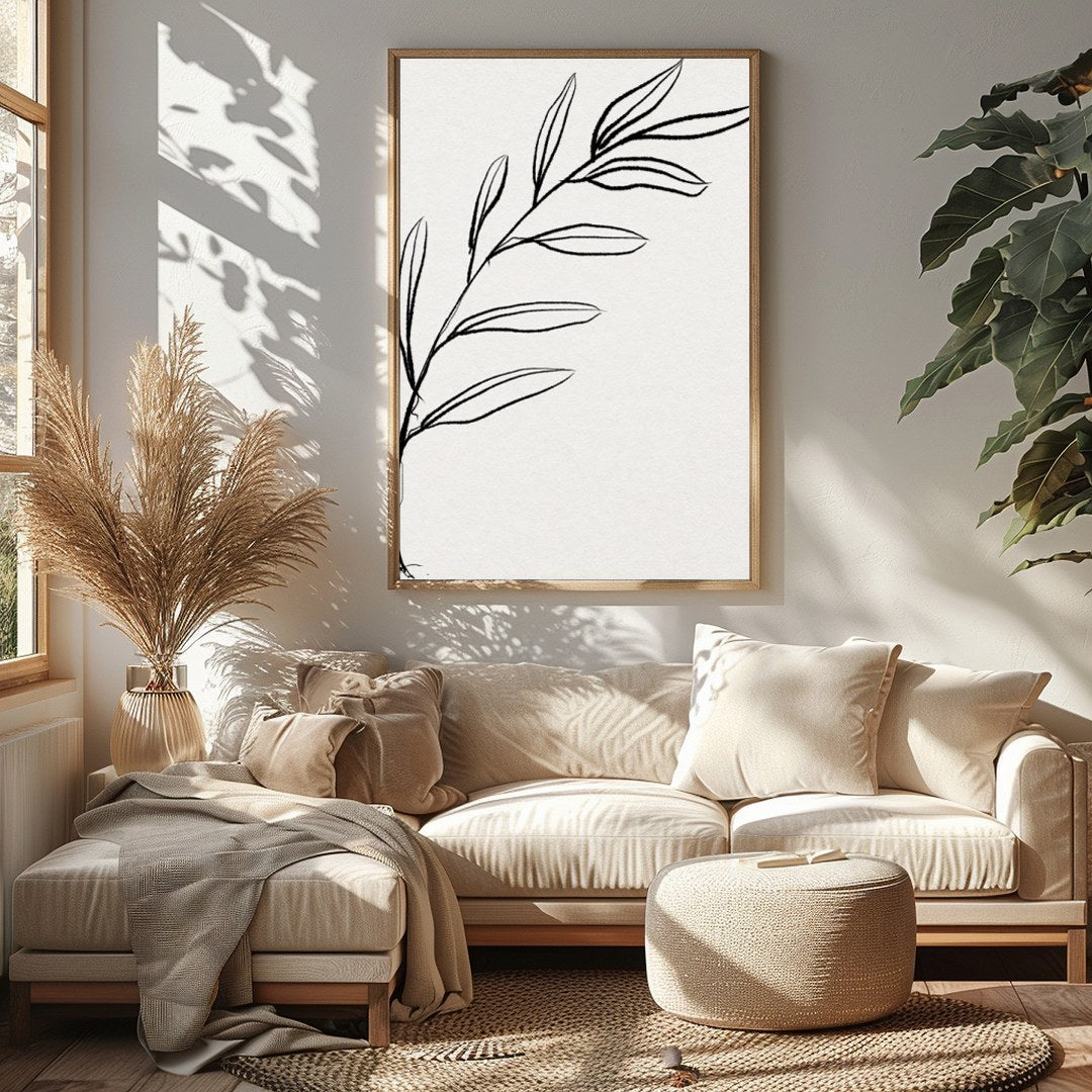This elegant piece features a minimalist depiction of a botanical element in delicate lines. Its for Sitting Area