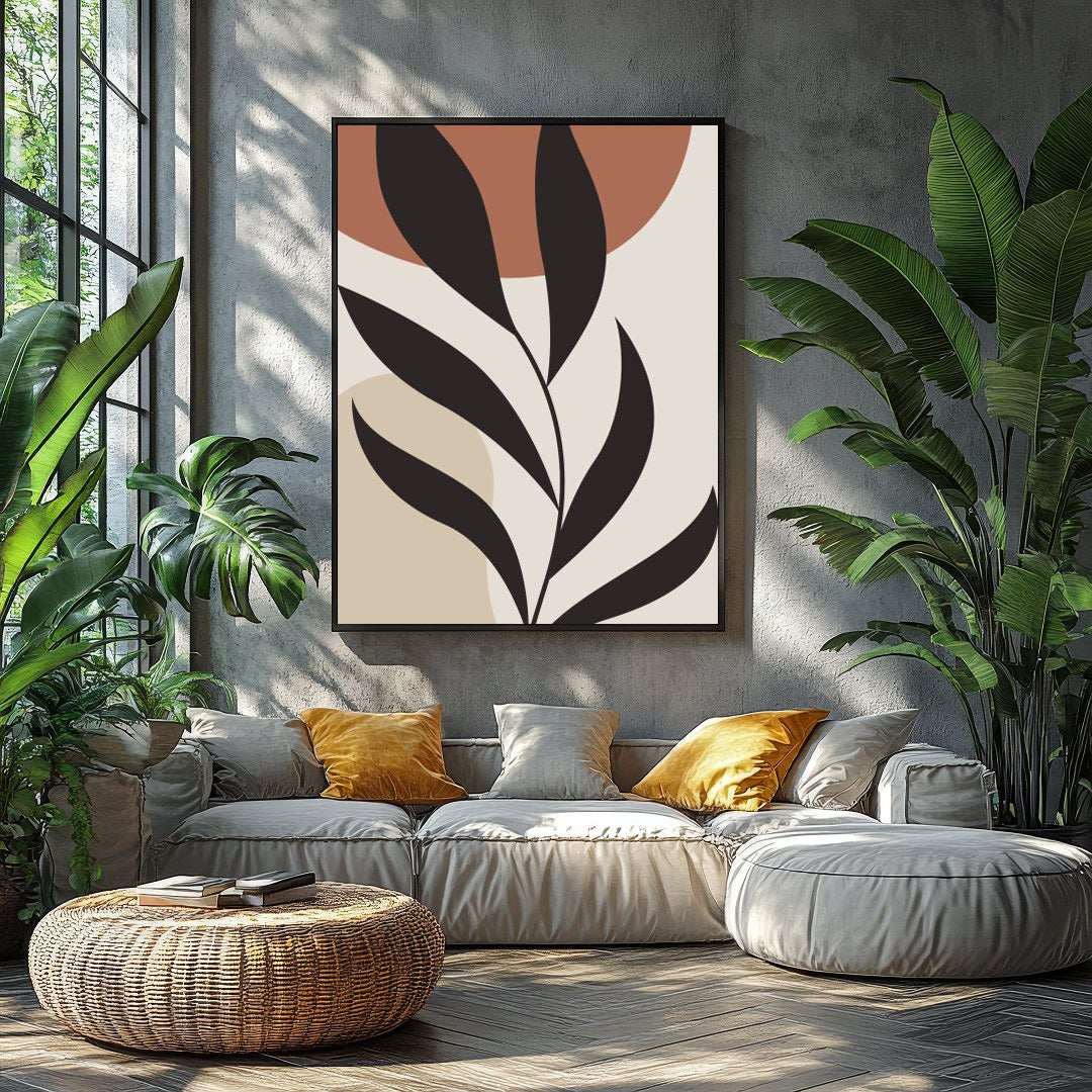 This stunning minimalist piece features a bold black botanical silhouette set against calming earth for Balcony