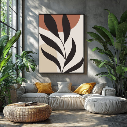 This stunning minimalist piece features a bold black botanical silhouette set against calming earth for Balcony