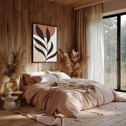 This stunning minimalist piece features a bold black botanical silhouette set against calming earth for Bedroom