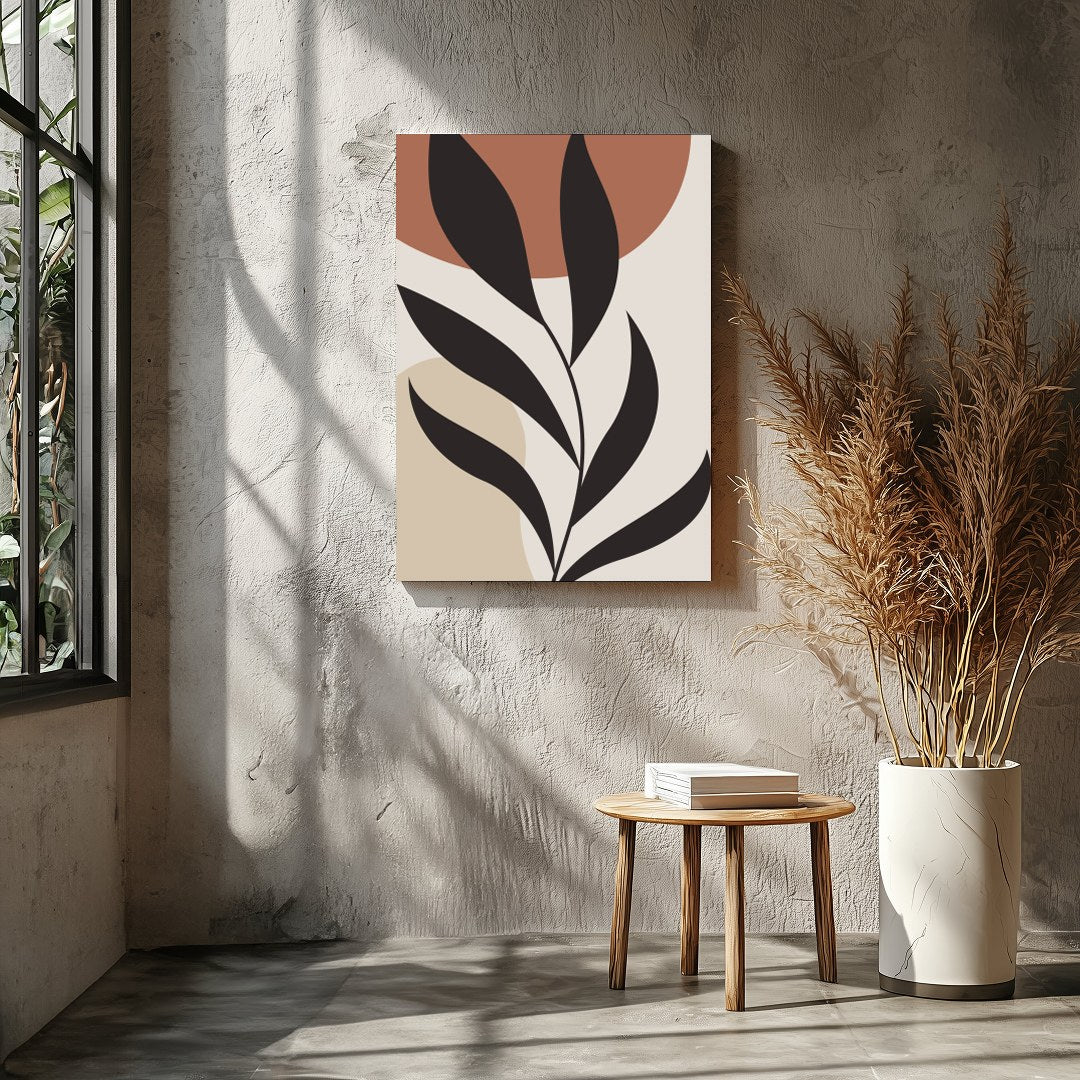 This stunning minimalist piece features a bold black botanical silhouette set against calming earth for Entrance