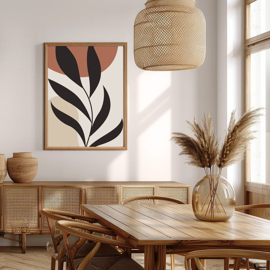This stunning minimalist piece features a bold black botanical silhouette set against calming earth for Extra Kitchen