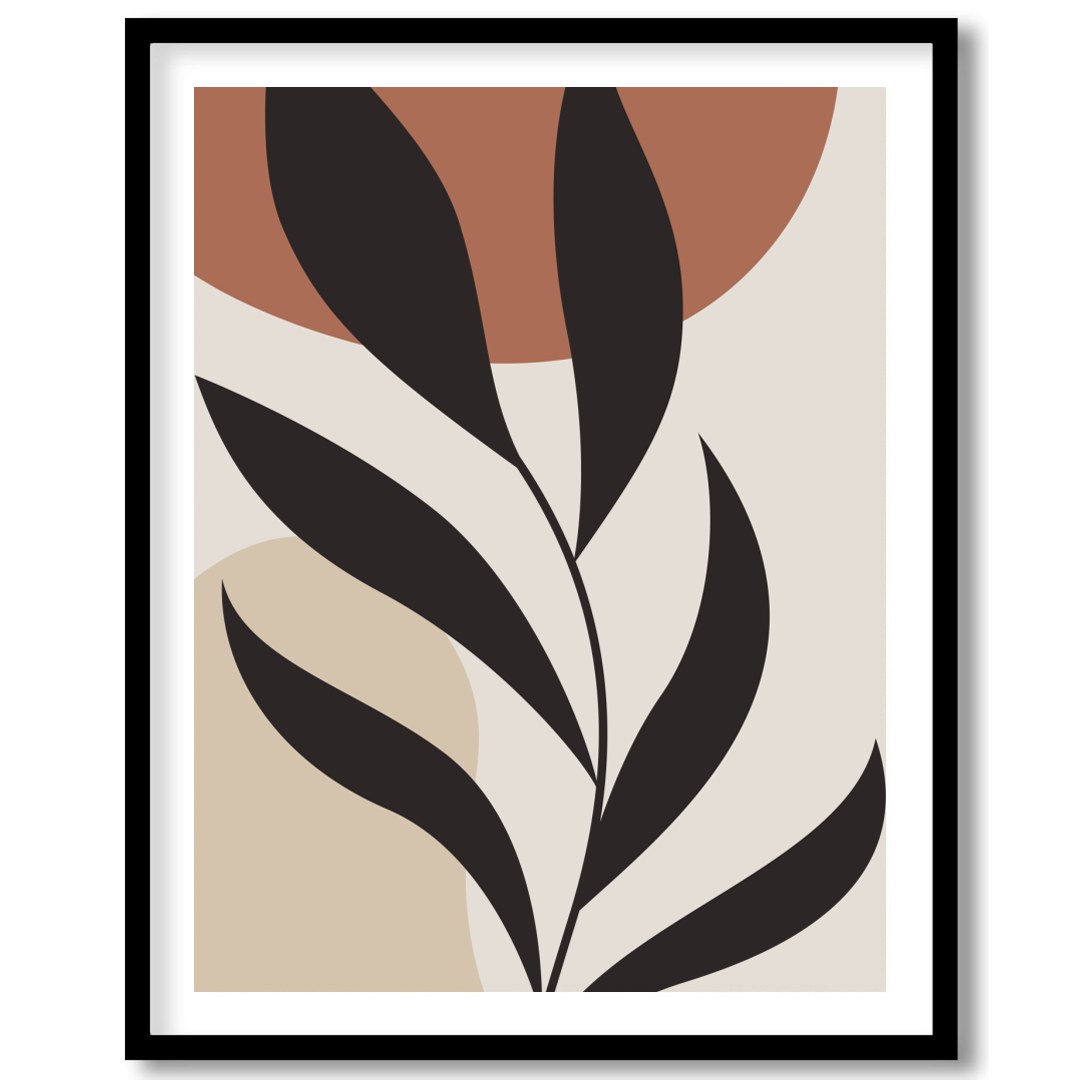 This stunning minimalist piece features a bold black botanical silhouette set against calming earth for hallway