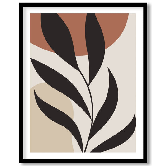 This stunning minimalist piece features a bold black botanical silhouette set against calming earth for hallway