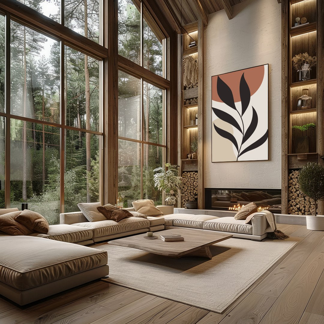 This stunning minimalist piece features a bold black botanical silhouette set against calming earth for Living Room
