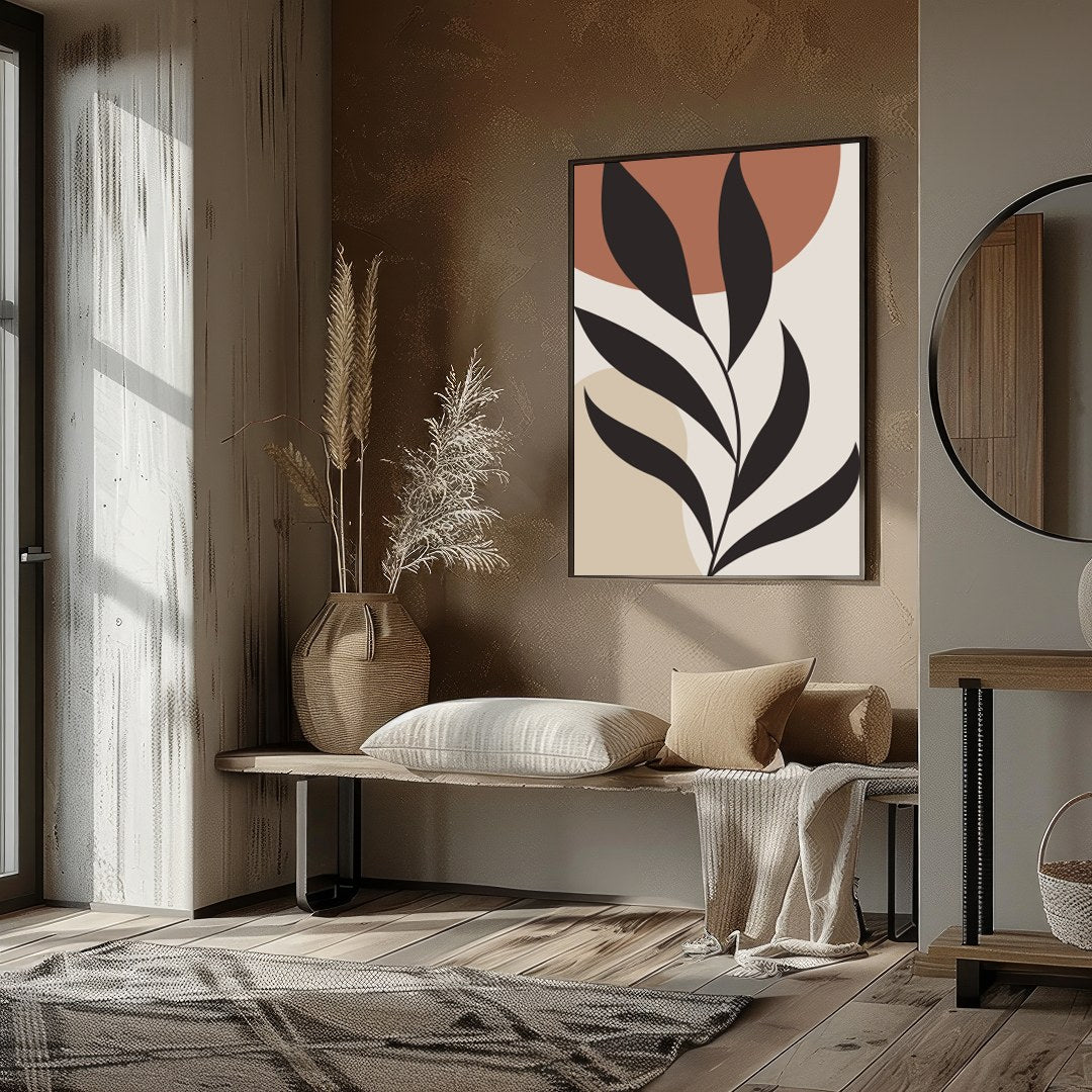 This stunning minimalist piece features a bold black botanical silhouette set against calming earth for residence