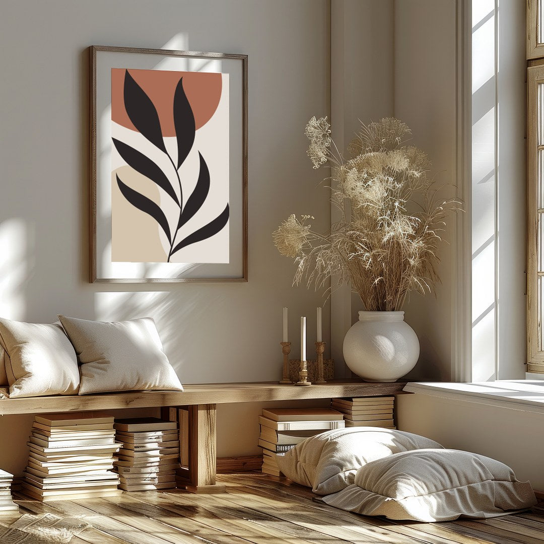 This stunning minimalist piece features a bold black botanical silhouette set against calming earth for retreat