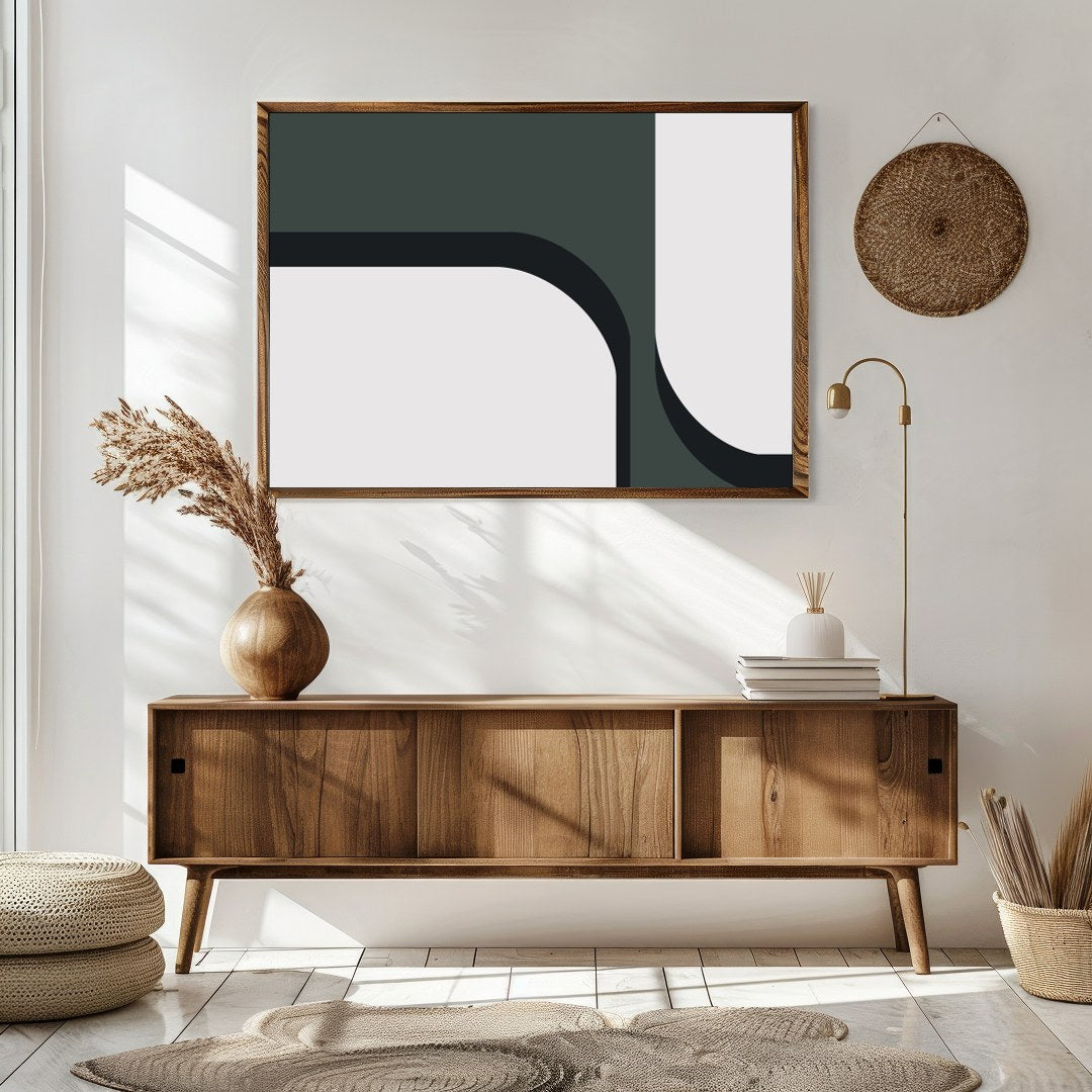 Elevate your space with this striking minimalist artwork featuring bold curves and a sophisticated for Sitting Area