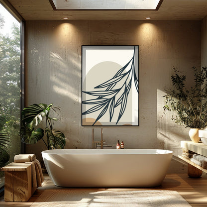 This minimalist artwork features abstract botanical elements in calming earth tones. The interplay for Bathroom