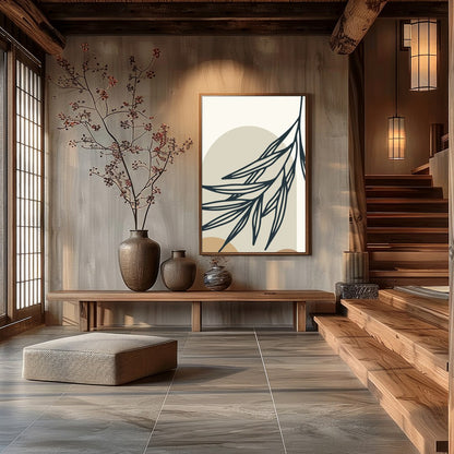 This minimalist artwork features abstract botanical elements in calming earth tones. The interplay for Hall