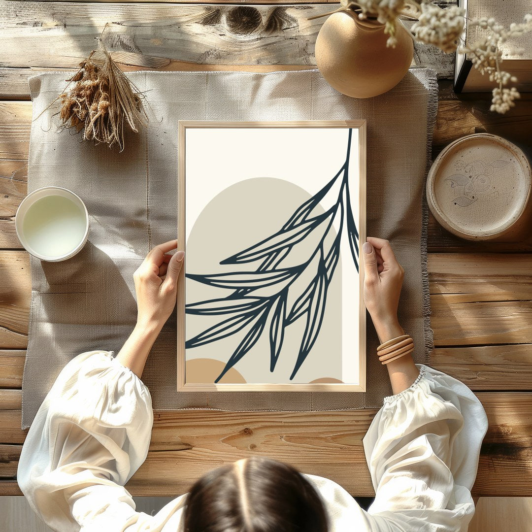 This minimalist artwork features abstract botanical elements in calming earth tones. The interplay for Kitchen