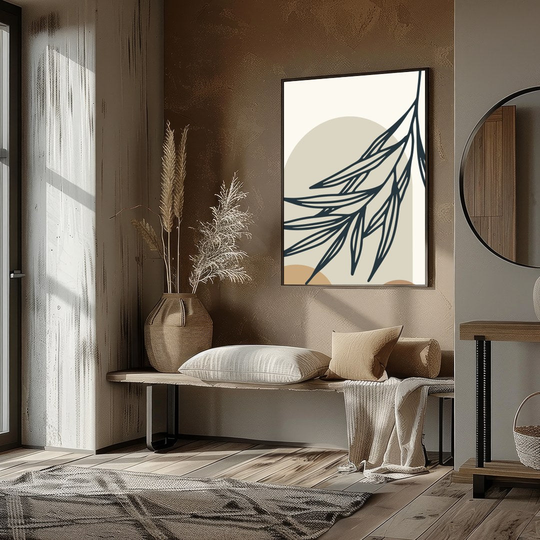 This minimalist artwork features abstract botanical elements in calming earth tones. The interplay for lovely-house