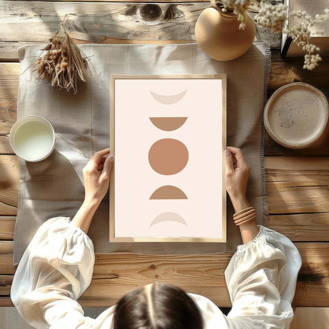Discover a world of simplicity and elegance with this minimalist artwork featuring earthy geometric for room