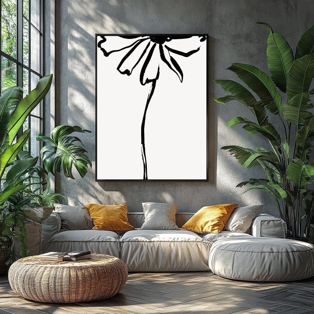 This elegant artwork features a minimalist ink sketch of a flower, embodying simplicity and grace. for Balcony