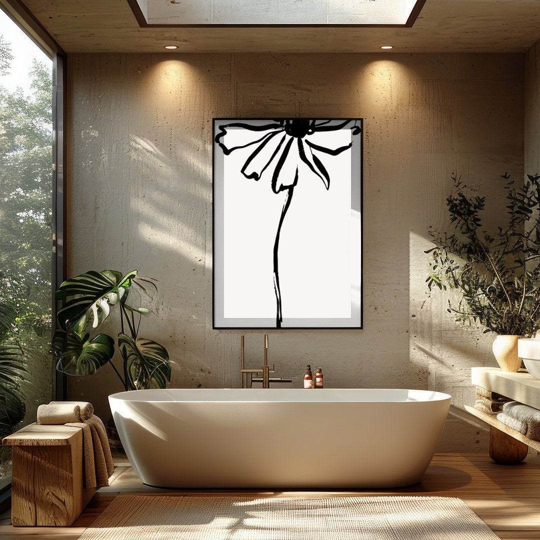 This elegant artwork features a minimalist ink sketch of a flower, embodying simplicity and grace. for Bathroom