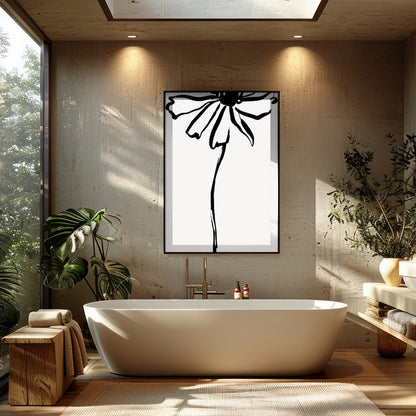 This elegant artwork features a minimalist ink sketch of a flower, embodying simplicity and grace. for Bathroom