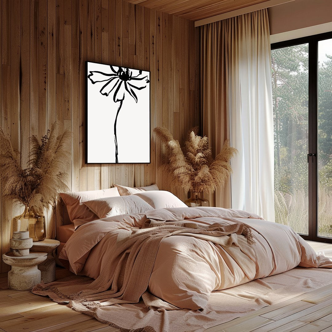 This elegant artwork features a minimalist ink sketch of a flower, embodying simplicity and grace. for Bedroom